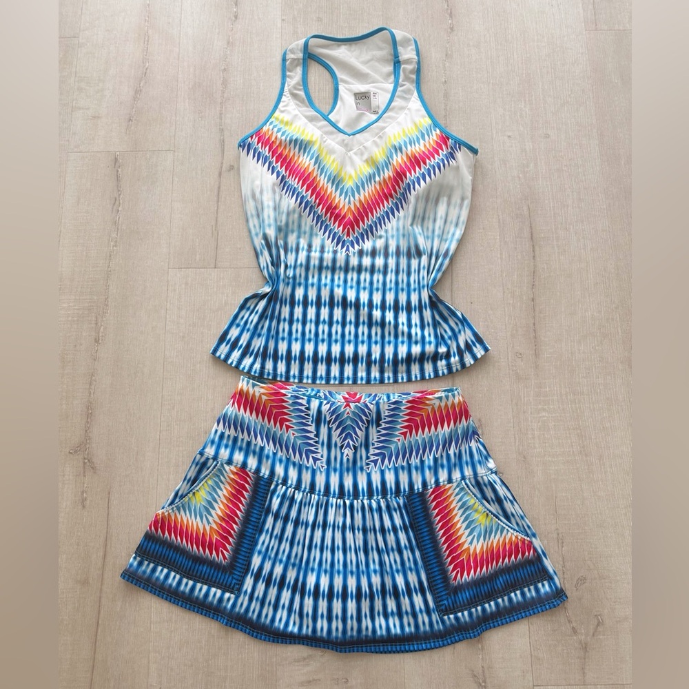 Lucky in Love Tennis/pickleball Set Skirt (M) & Tank (XL) Blue Multicolor Print